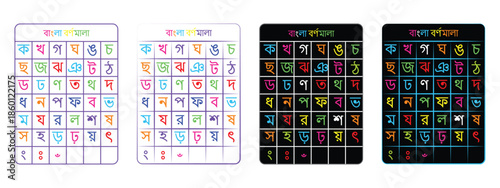 Colorful Bengali Alphabet Consonants Chart with Consonants and Vowels for Kids Learning.