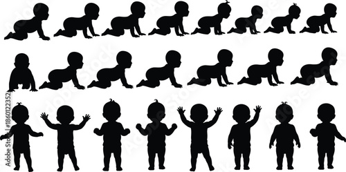 Baby silhouette development stages collection showing crawling and standing infant poses, childhood growth concept isolated black vector illustration set