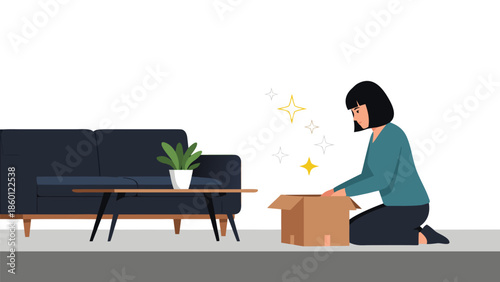 Opening a parcel delivery in a home setting, vector illustration of woman receiving a package