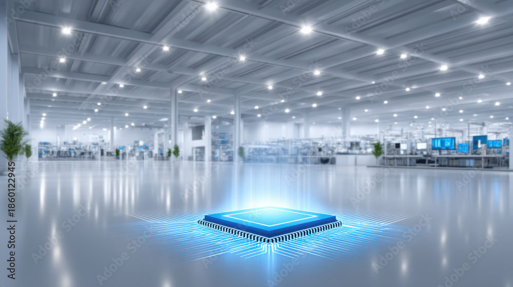 Fototapeta premium Glowing energy microchip on reflective factory floor emitting blue light and futuristic glow
