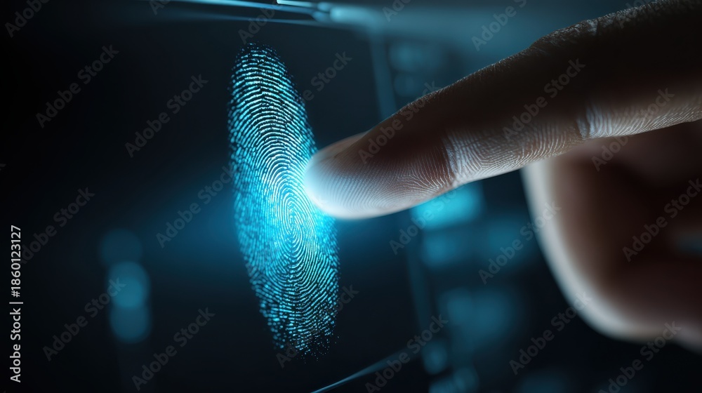 © Johannes - a finger pressing a glowing blue fingerprint scan on a hightech digital screen concept biometric security futuristic interface glowing blue ui fingerprint scan hightech screen