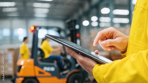 Worker in high visibility vest use tablet in a warehouse. Smart warehouse management system with worker using digital tablet in modern storage facility, advanced inventory control and logistics.