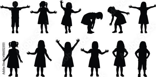 Children silhouette poses collection showing playful kids standing jumping bending and spreading arms isolated black vector illustration set design