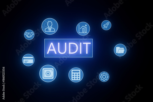 Audit process with various icons representing finance, data analysis, and professional services in a digital setting