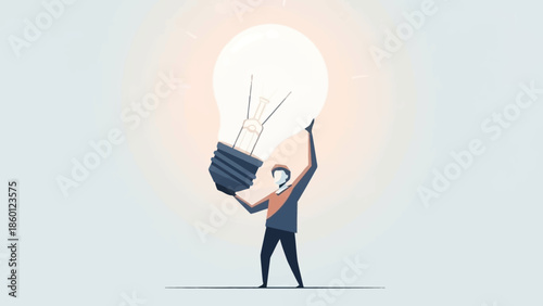 Illustration of a Person Holding a Large Glowing Light Bulb Symbolizing a Brilliant New Idea, Innovation, Creative Thinking, and Problem-Solving Strategy in Business