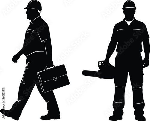 Construction worker silhouettes with hard hats including foreman carrying briefcase and manual laborer holding chainsaw, industrial profession vector set illustration