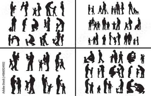 kids adults silhouettes vector, family interaction clipart, parent child svg, daily life illustration, human relationship graphics, black people silhouettes, social life vector art, family pose design