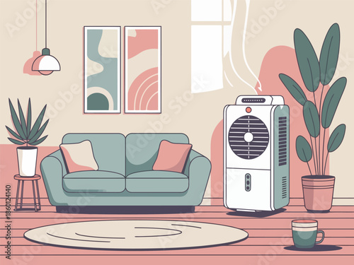 Cozy living room with air purifier, sofa, plants and decorative elements