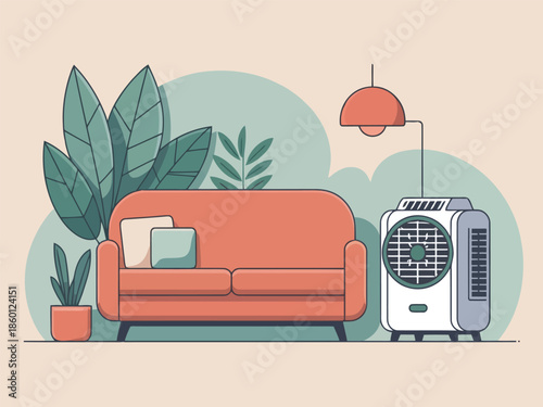 Cozy living room with red sofa, plants, air conditioner and lamp illustration