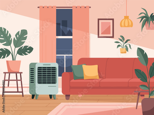 Cozy living room interior with red sofa, plants and air cooler in pink tones