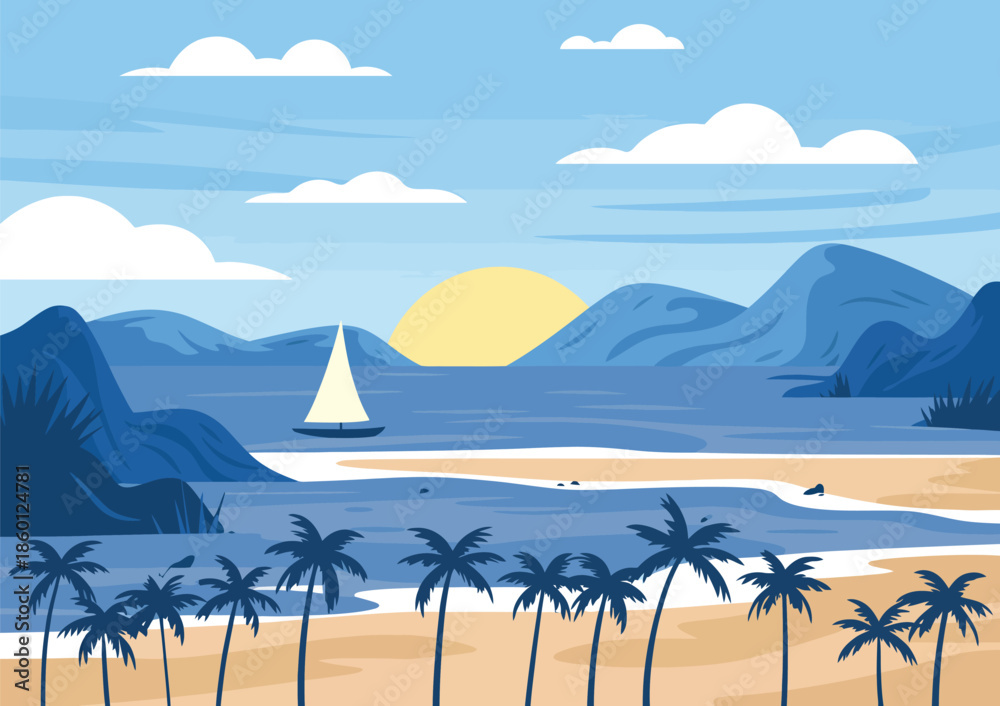Obraz premium Tranquil tropical bay with sailboat gliding past palm-lined beach at golden hour