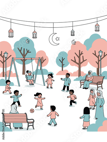 Children playing in a park with Islamic cultural elements.