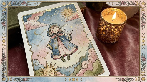 Whimsical Tarot Card Illustration with Celestial Theme