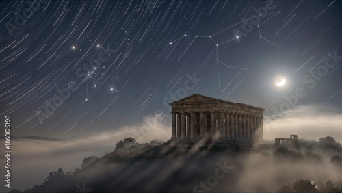 Ancient Greek Temple Under Starry Night.