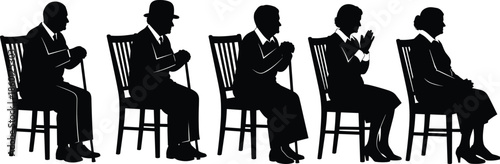 Elderly People Sitting in Chairs with Walking Canes Silhouettes Set Senior Citizens Group Loneliness Aging and Healthcare Concepts Vector Graphic (20 words)