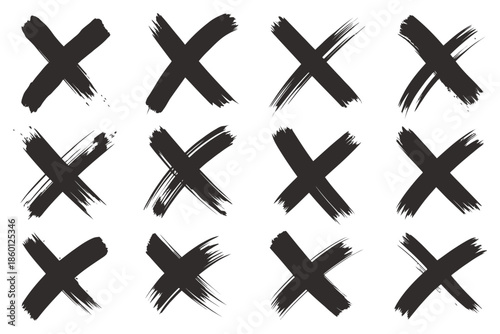 Hand-Drawn Black Cross Marker featuring black X mark, grunge cross sign, vector check mark, hand-drawn style, EPS 10, icon design, and UI elements.