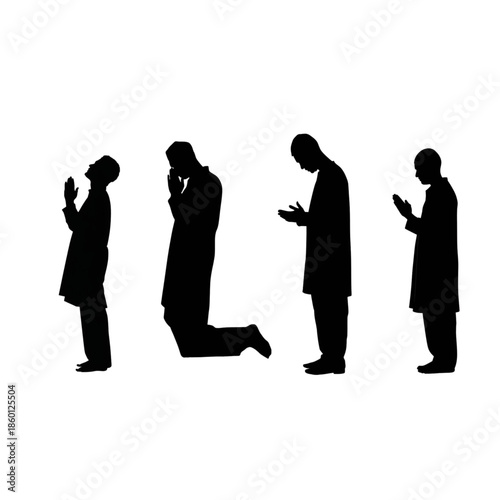 Black Silhouette Muslim Man Praying Isolated on White