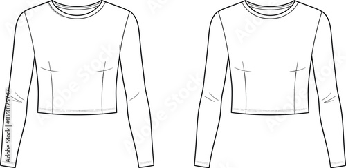 Simple cropped long sleeve top vector illustration, fashion flat template, front view technical drawing outline apparel
