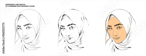 Expressive Line Art Sketch of a Smiling Woman Wearing a Hijab