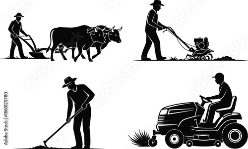 Farmer Silhouette Set Featuring Traditional Plowing with Oxen Manual Hoeing Power Tiller and Riding Lawn Mower for Agriculture and Gardening Designs