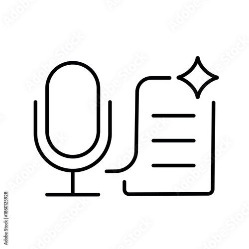 Vector icon of a microphone and lines of text with sparkle, representing voice-to-text transcription powered by AI, in line style with editable stroke