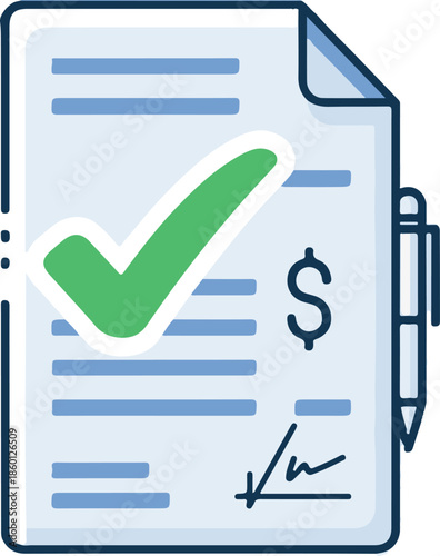 A stylized vector illustration of a signed financial document featuring a green checkmark, a dollar sign, and a pen, representing an approved contract or successful payment.