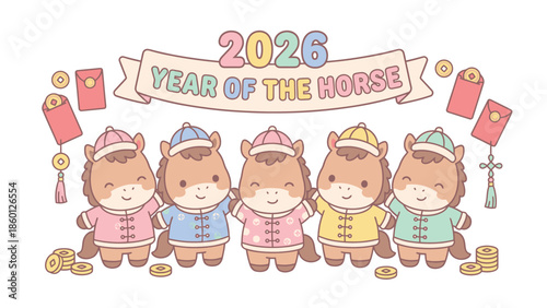 Cute cartoon horses celebrating the Year of the Horse 2026.