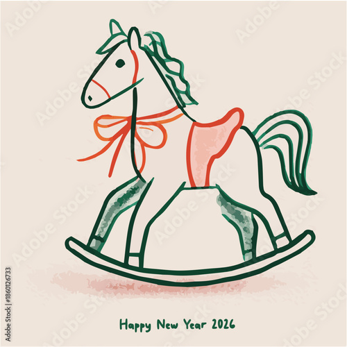 Minimalist vector illustration of a hand-drawn rocking horse for New Year's greeting card