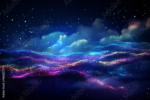 Abstract digital landscape featuring glowing data lines forming dynamic waves under a star filled sky