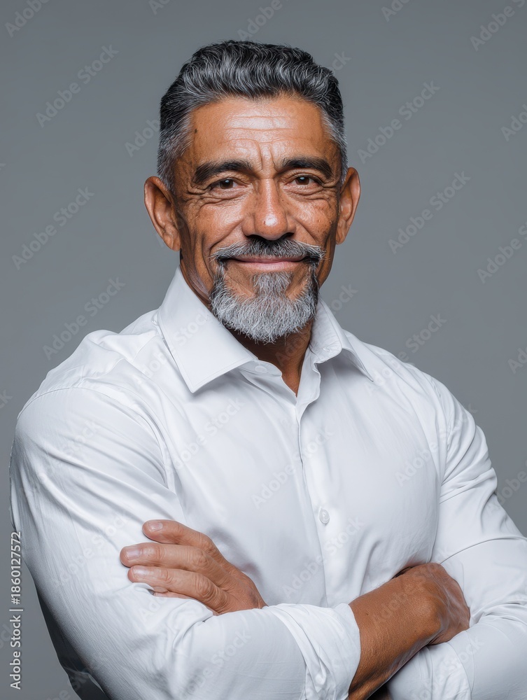 Fototapeta premium happy mature businessman in shirt and tie looking at camera portrait of smiling and satisfied hispanic business man with arms crossed isolated over grey background with copy space successful senior 