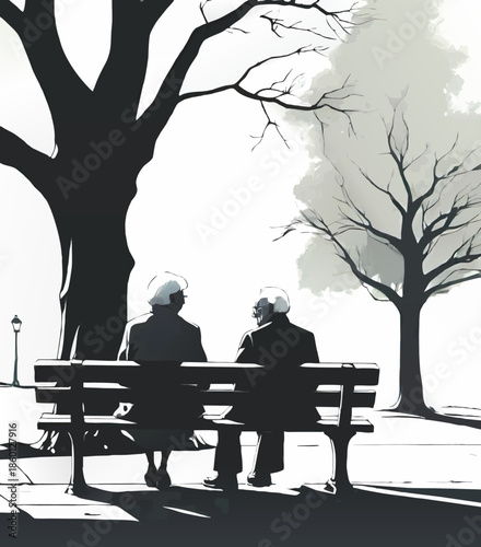 Old couple sitting on a park bench vector ink illustration