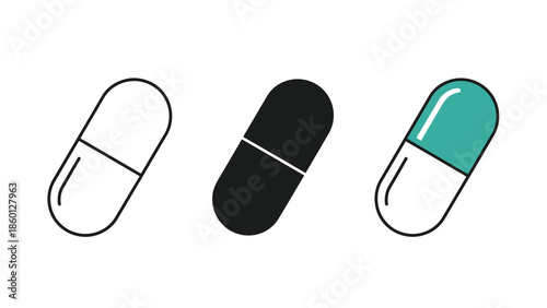 Set of three capsule icons outline, solid black and colored teal and, representing medication or pharmaceutical concepts