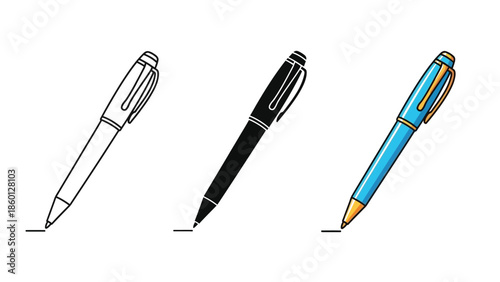 Set of three ballpoint pens in outline, solid black and color versions