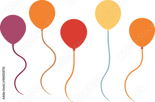 Five colorful balloons floating isolated on transparent background, Vector, illustration