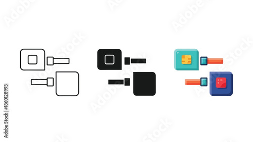 Seat belt buckle and tongue icon set in outline, solid and color styles for safety and automotive concepts