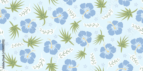 Beautiful blue hibiscus floral print on a light blue background, creating a gentle, sweet, soft look. Hibiscus flowers for summer wear, on shirts, sun hats, bags. Seamless hibiscus floral print.