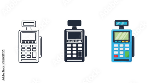 Set of three credit card payment terminals or pos machines in different styles outline, solid black and colorful flat design