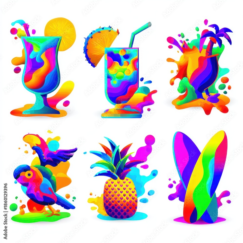 Obraz premium Colorful summer illustrations of beverages and tropical elements