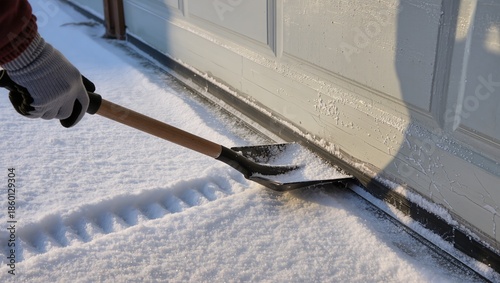 Close up of person clearing fresh snow with shovel near frosted garage doors in winter morning, showing seasonal home maintenance, cold weather routine and preparation for driving