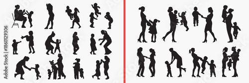 kids adults silhouettes vector, family interaction clipart, parent child svg, daily life illustration, human relationship graphics, black people silhouettes, social life vector art, family pose design