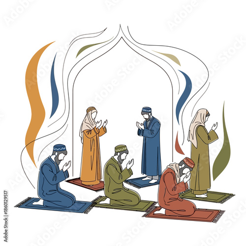 Muslims praying together in a mosque, celebrating Eid al-Fitr or Ramadan.