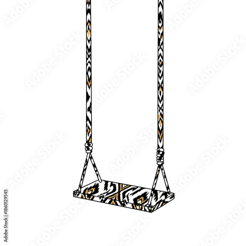 A colorful swing with a unique pattern hanging from ropes.
