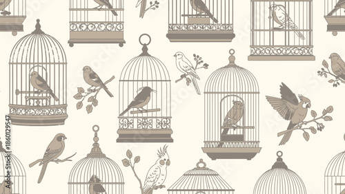Birds and Birdcages: A Muted Brown Vector Pattern.

