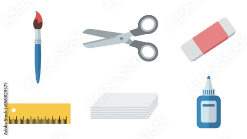 Colorful art supply icons: paintbrush, scissors, paper, glue, eraser, and ruler.

