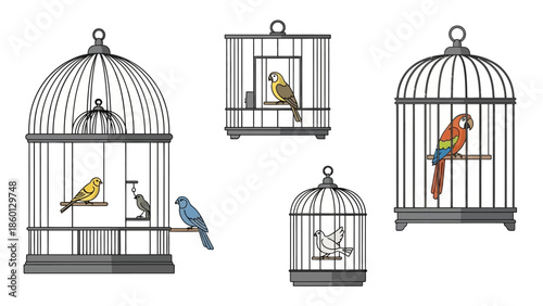 "Caged Birds: A Vector Illustration of Diverse Avian Species and Cage Designs"

