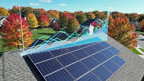 Aerial view of residential solar panel installation with energy growth graph overlay in autumn, 4k