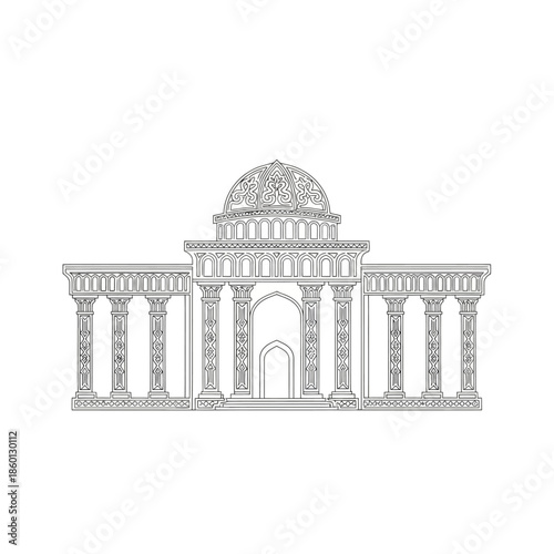 Detailed Line Art of a Grand Architectural Structure with Dome.