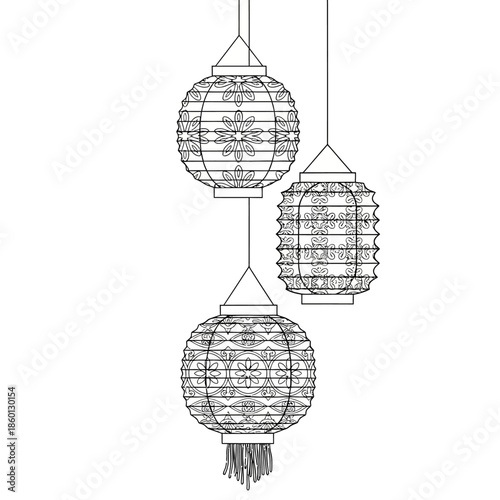 Three hanging paper lanterns with intricate patterns and tassels.