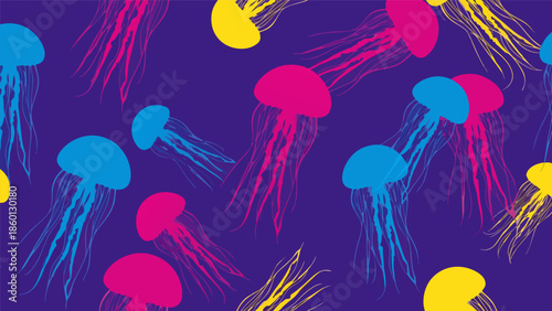 Vibrant vector illustration of colorful jellyfish floating in a deep purple ocean pattern