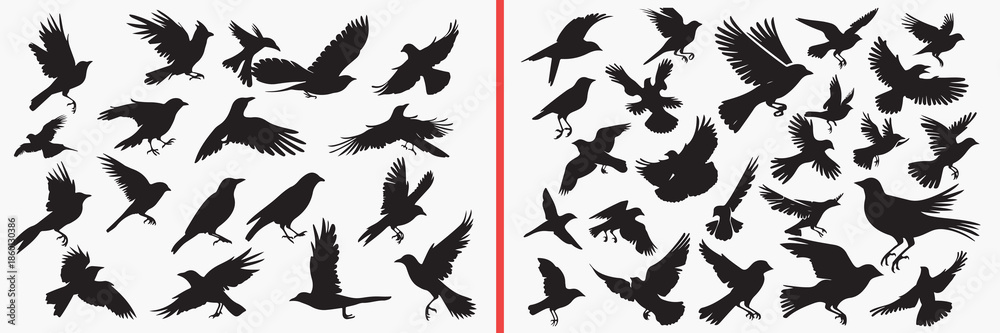 Obraz premium flying bird silhouettes vector, bird flock clipart, wildlife bird svg, nature bird illustration, freedom bird graphics, black bird silhouettes, sky vector art, bird motion design, flying bird collecti